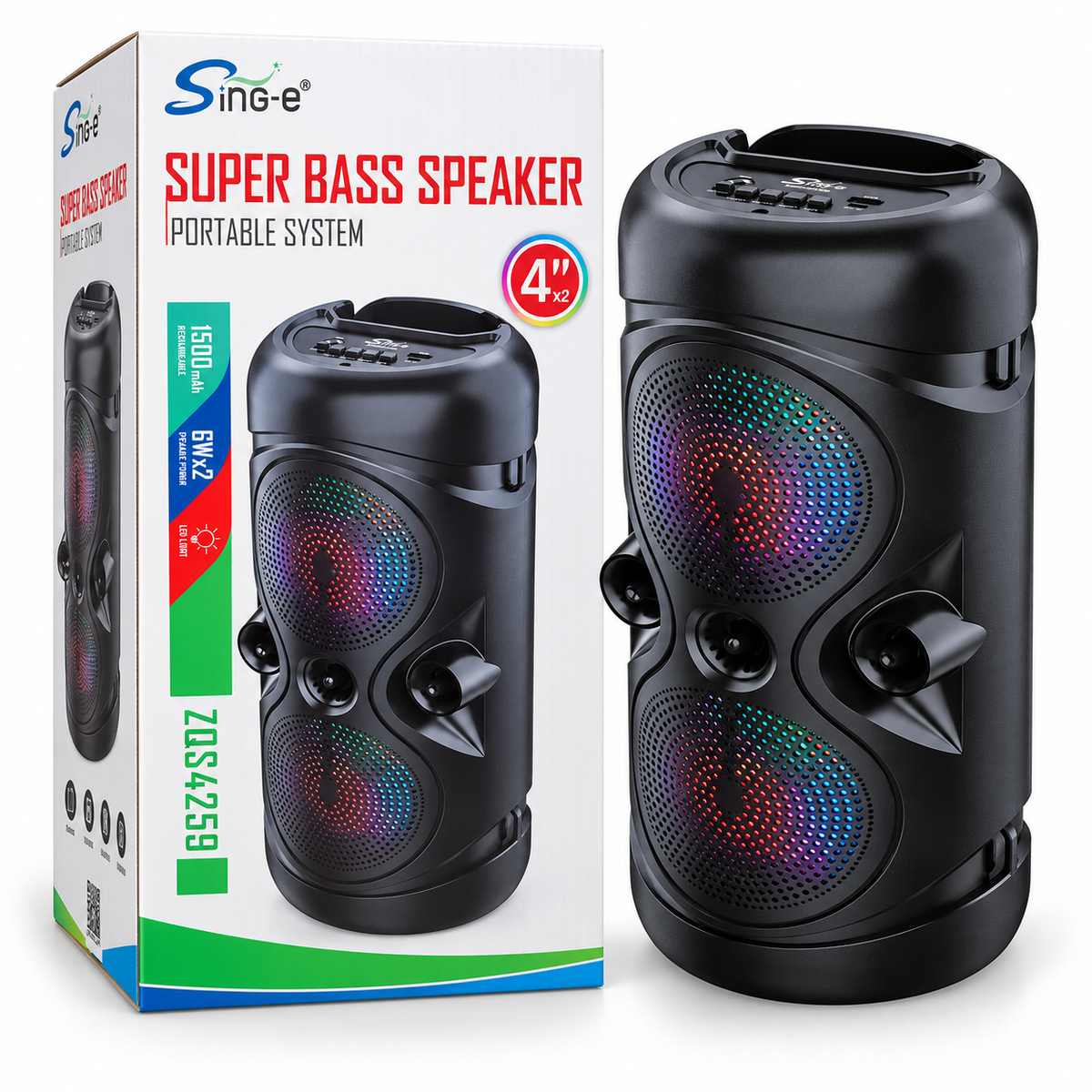 Sing-e ZQS4259 Super Bass Speaker – Dual 4" Portable Speaker with LED Lights
