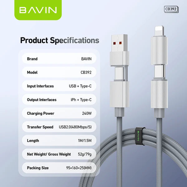 BAVIN CB392 240W 4-in-1 Fast Charging & Data Cable – USB-A / USB-C / Lightning