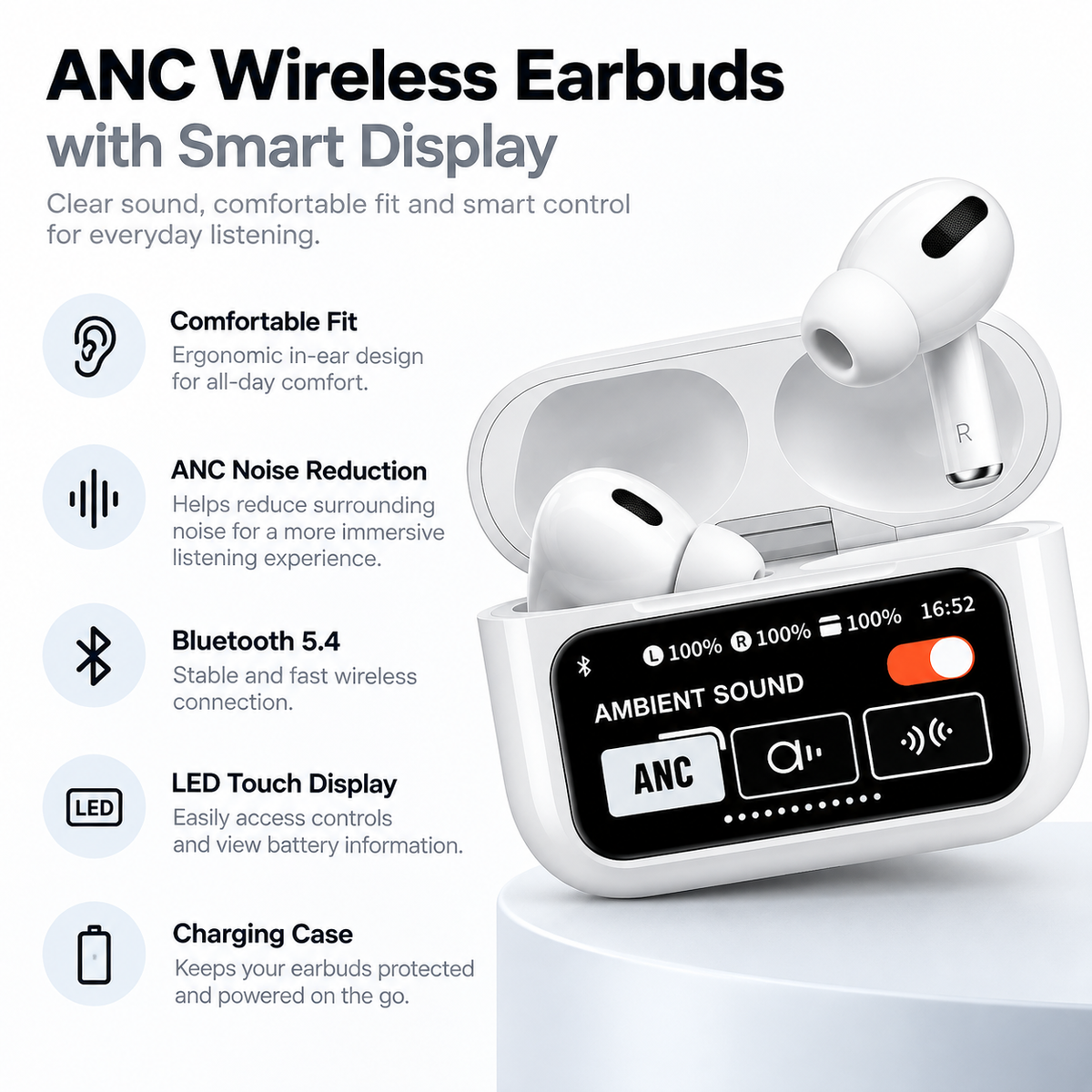 ANC Wireless Earbuds with Smart Touch Display