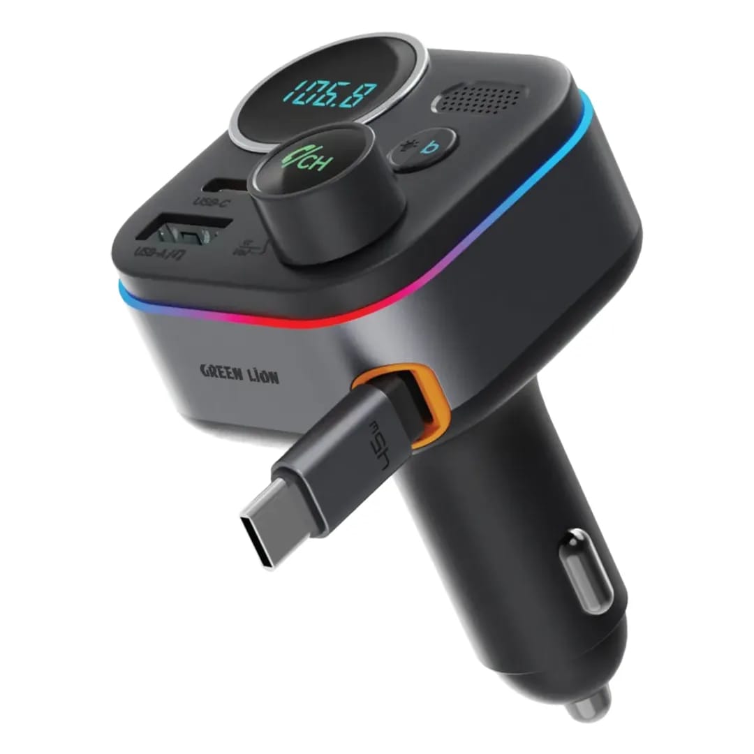 Green Lion GFM-2 Bluetooth 5.4 Car FM Transmitter – 72W Fast Charging with Retractable USB-C Cable