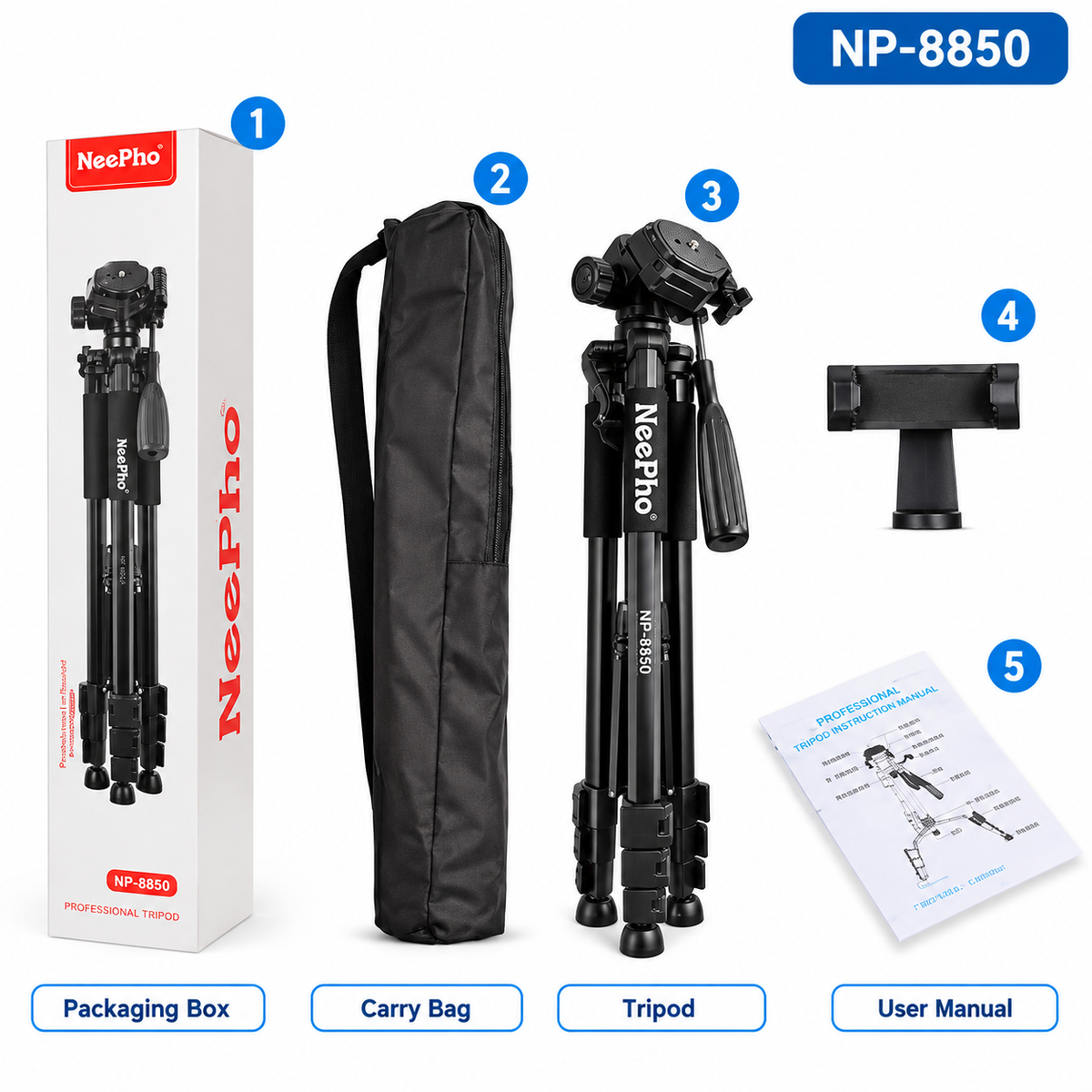 NeePho 8820 Professional Camera & Smartphone Tripod – 150cm