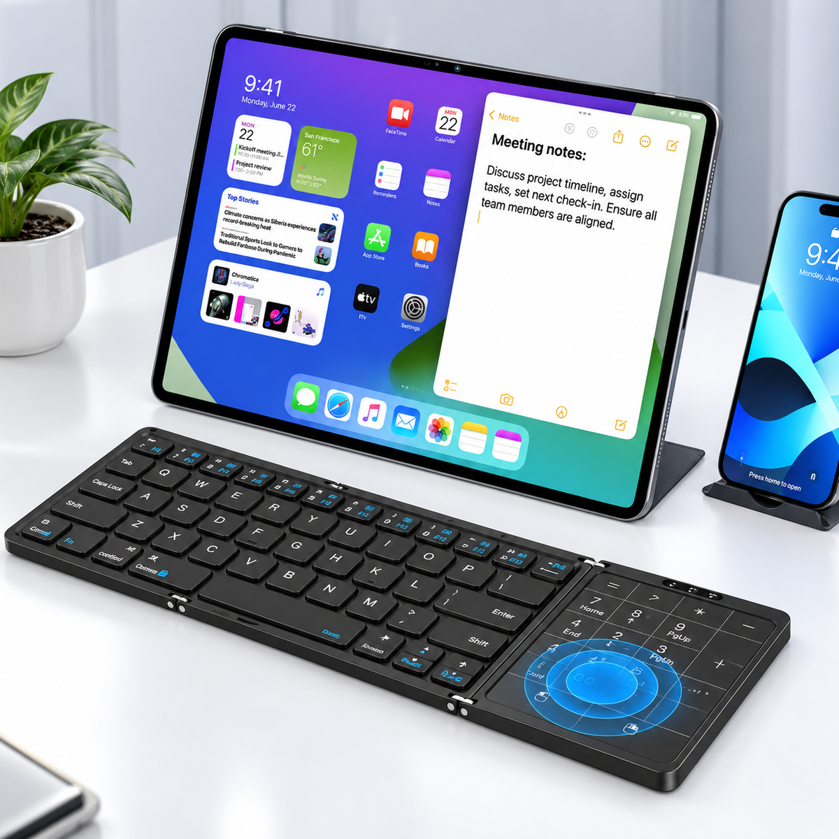 Porodo Minima Slim Folding Keyboard – Bluetooth 5.0 with Integrated Numpad & Touchpad