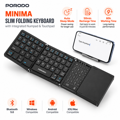 Porodo Minima Slim Folding Keyboard – Bluetooth 5.0 with Integrated Numpad & Touchpad