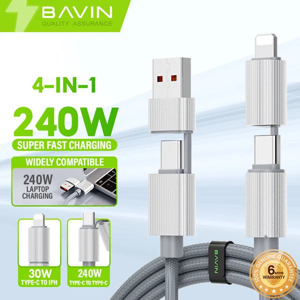 BAVIN CB392 240W 4-in-1 Fast Charging & Data Cable – USB-A / USB-C / Lightning