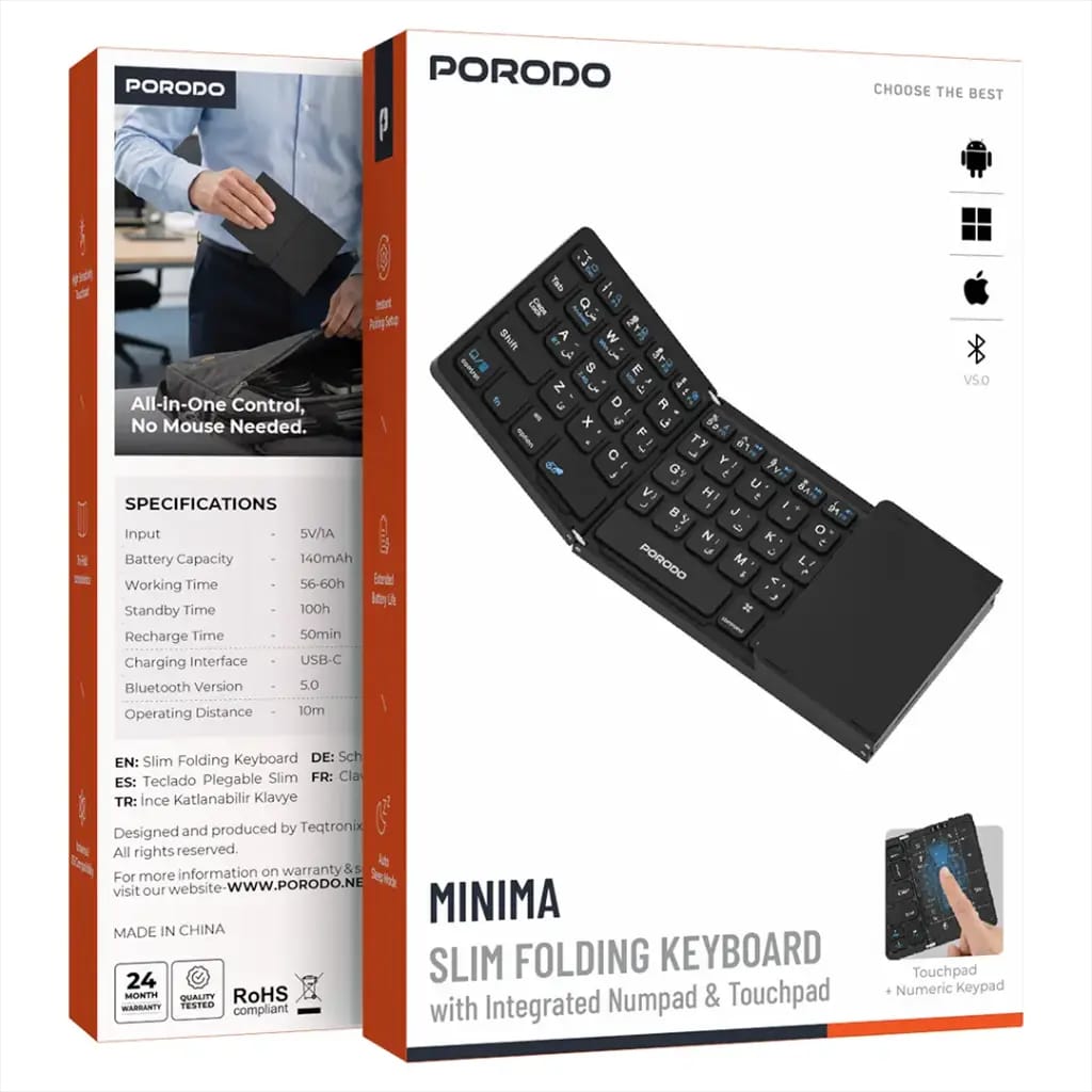 Porodo Minima Slim Folding Keyboard – Bluetooth 5.0 with Integrated Numpad & Touchpad