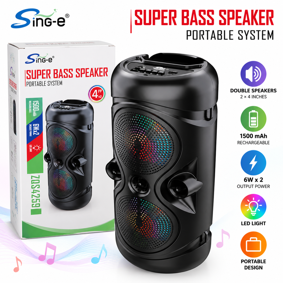 Sing-e ZQS4259 Super Bass Speaker – Dual 4" Portable Speaker with LED Lights