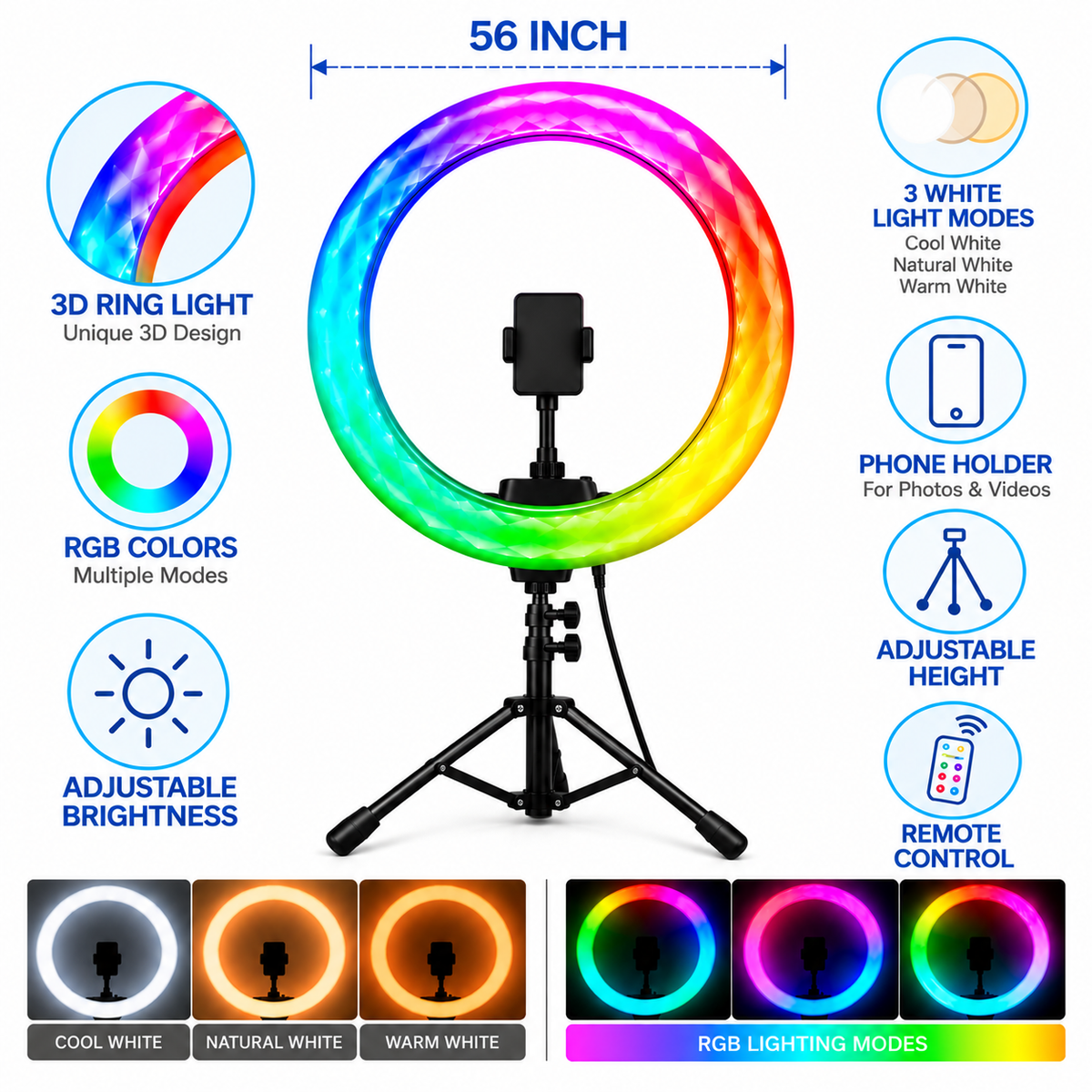 3D RGB Ring Light with Tripod & Remote Control