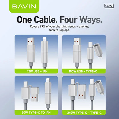 BAVIN CB392 240W 4-in-1 Fast Charging & Data Cable – USB-A / USB-C / Lightning