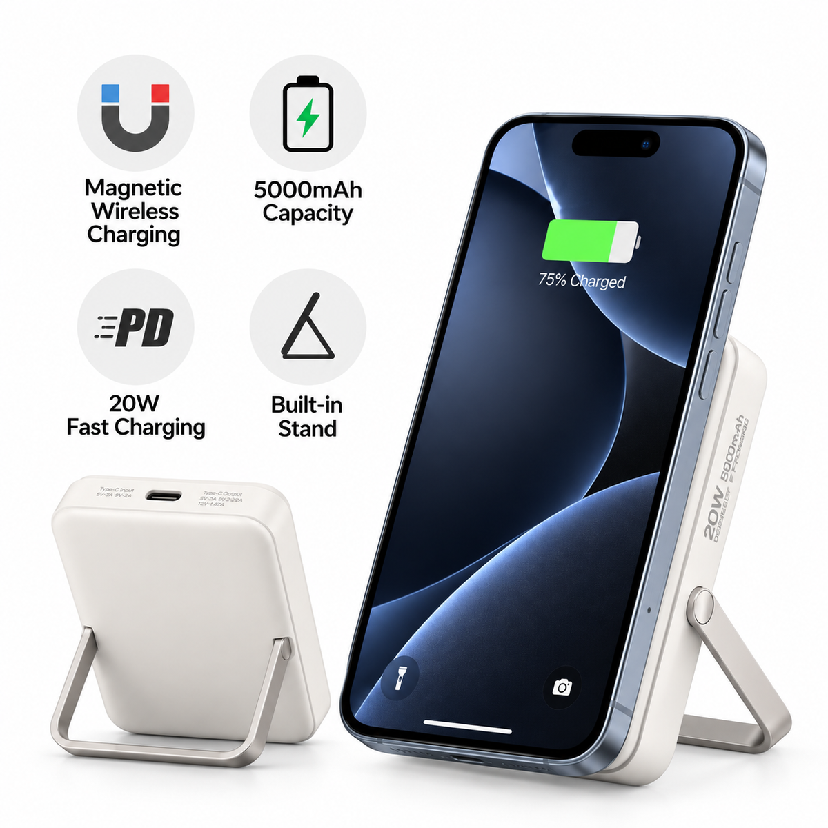 FONENG 5000mAh Magnetic Wireless Power Bank with Stand – 20W