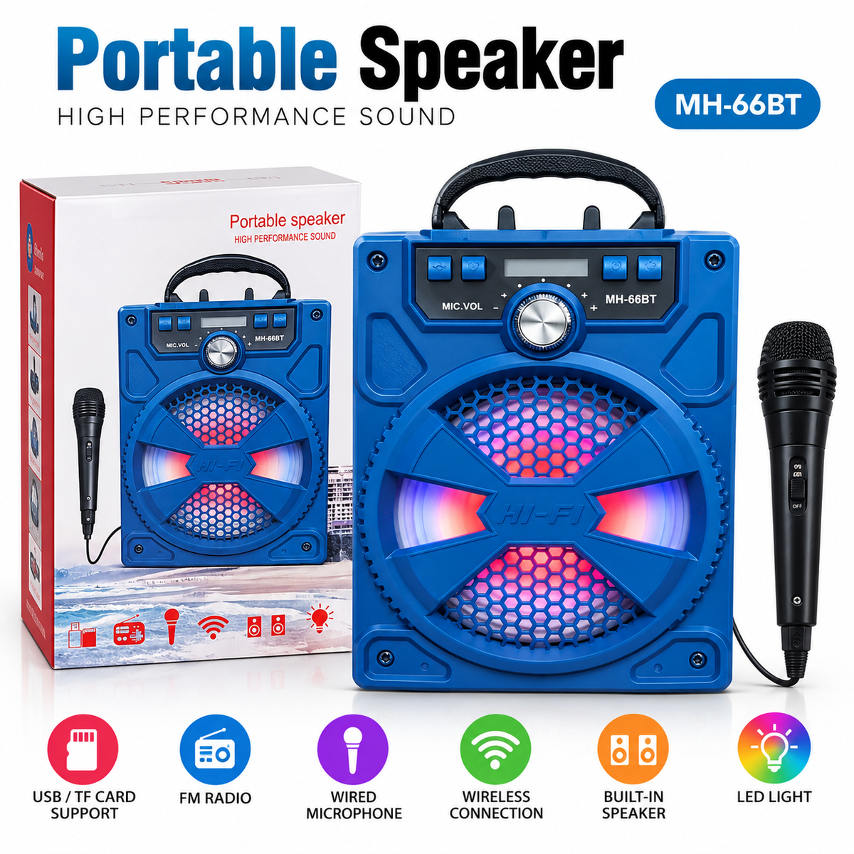 MH-66BT 5" Portable Wireless Speaker – RGB LED Speaker with Microphone