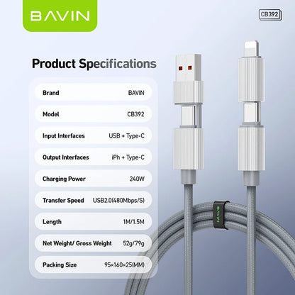 BAVIN CB392 240W 4-in-1 Fast Charging & Data Cable – USB-A / USB-C / Lightning