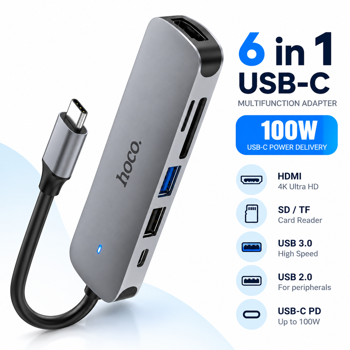 HOCO HB28 6-in-1 USB-C Multifunction Adapter – 100W