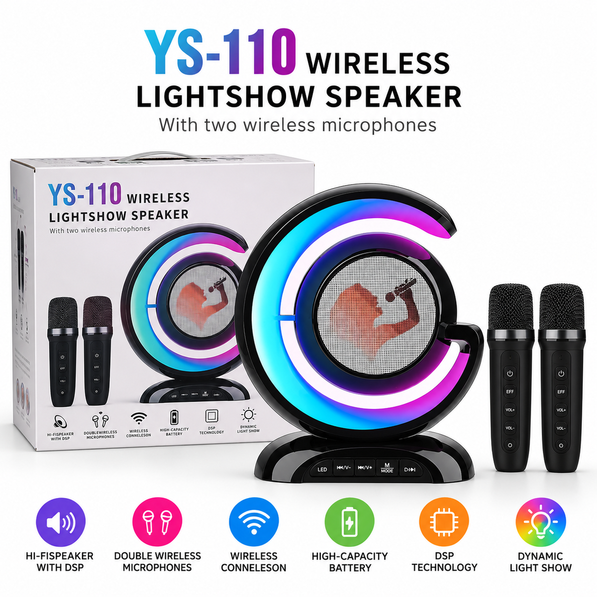 YS-110 Wireless Lightshow Speaker – RGB Karaoke Speaker with Dual Wireless Microphones