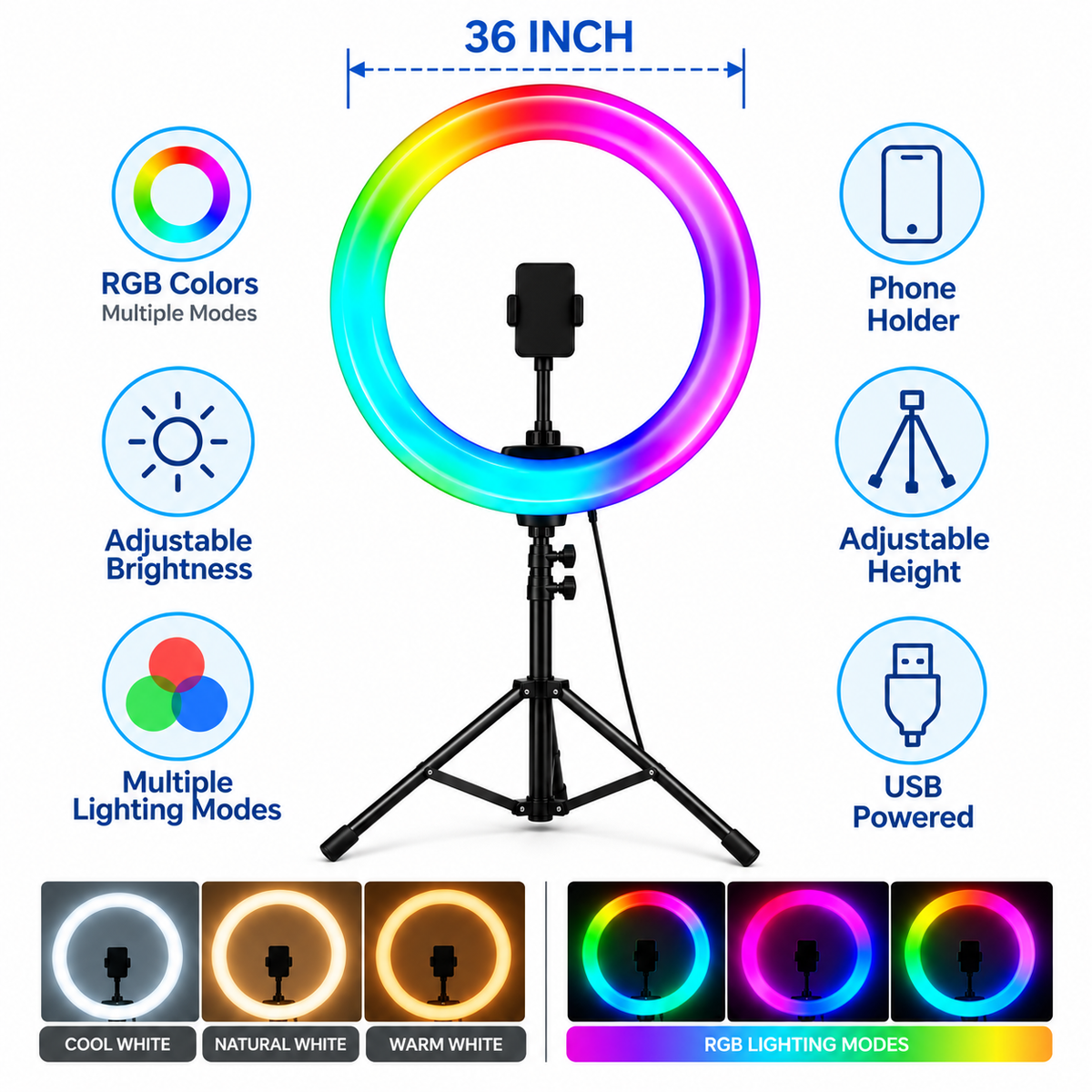 RGB LED Ring Light with Tripod & Phone Holder