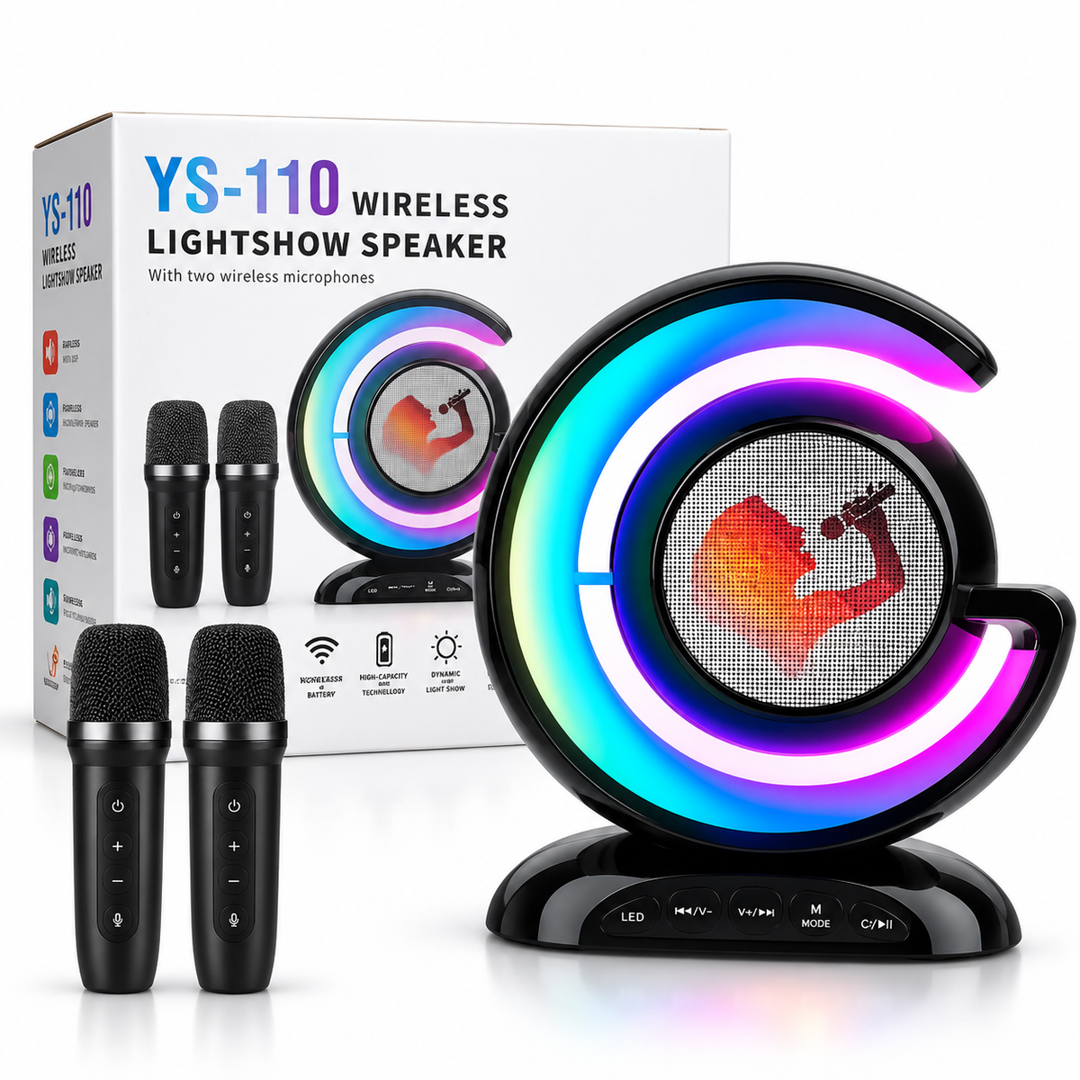 YS-110 Wireless Lightshow Speaker – RGB Karaoke Speaker with Dual Wireless Microphones