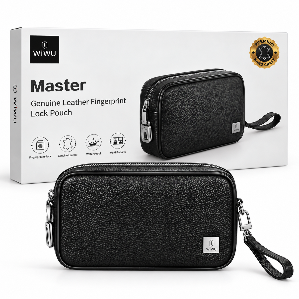 WiWU Master Genuine Leather Fingerprint Lock Pouch – Black