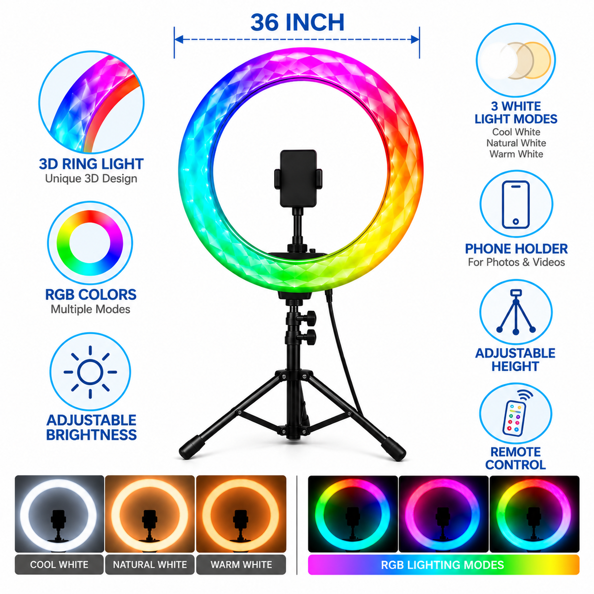 3D RGB Ring Light with Tripod & Remote Control