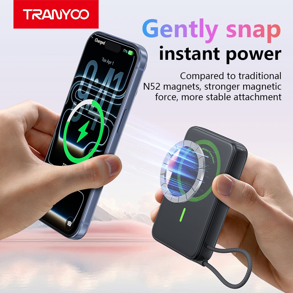 TRANYOO Magnetic Wireless Power Bank with Stand & Built-In USB-C Cable